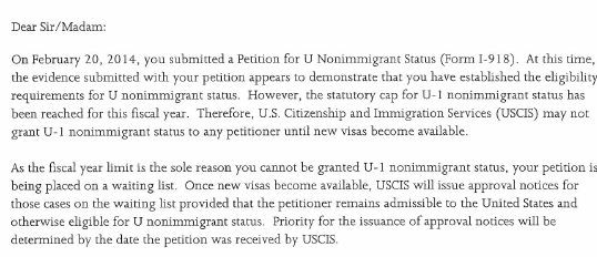 USCIS Announces it has reached U Visa Cap for Fiscal Year 2016